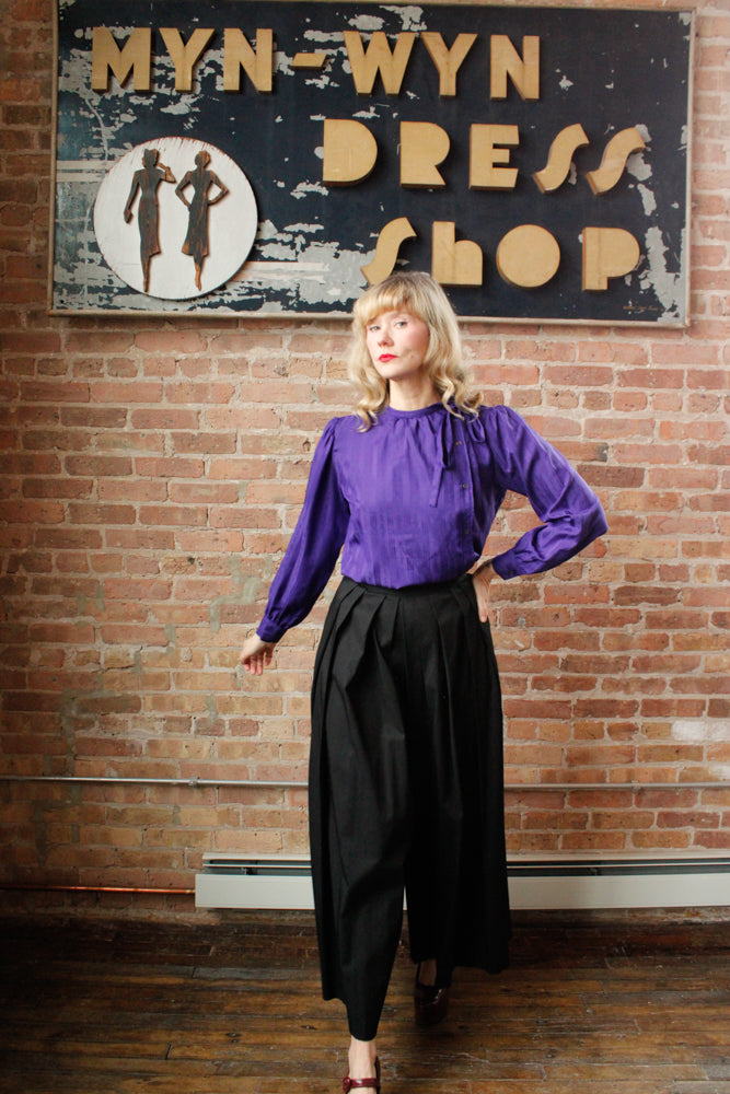 1980s YSL Embossed Logo Purple Blouse - S/M