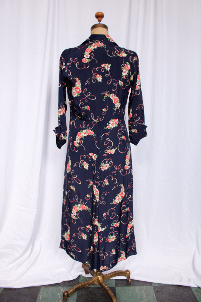 1940s Cold Rayon Floral Dress - Medium