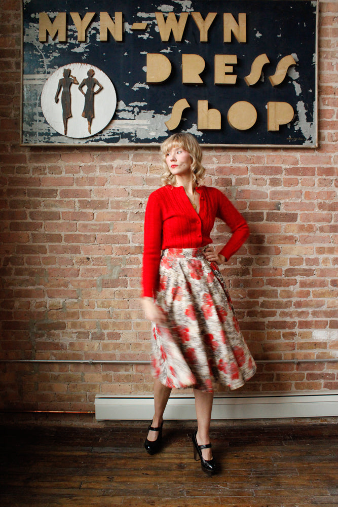 1950s Poppy Print Cotton Skirt - Medium