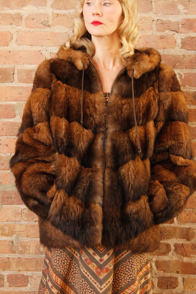 1970s Opossum Layered Fur Hooded Bomber Coat - Large
