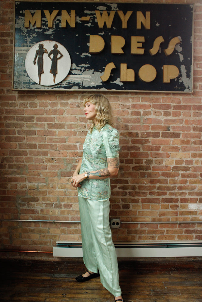 1940s Mint Green Silk Japanese Lounge Pant Suit - Medium