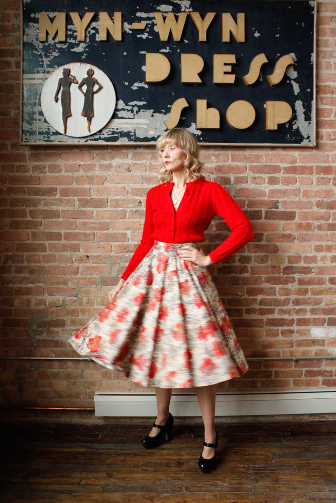 1950s Poppy Print Cotton Skirt - Medium