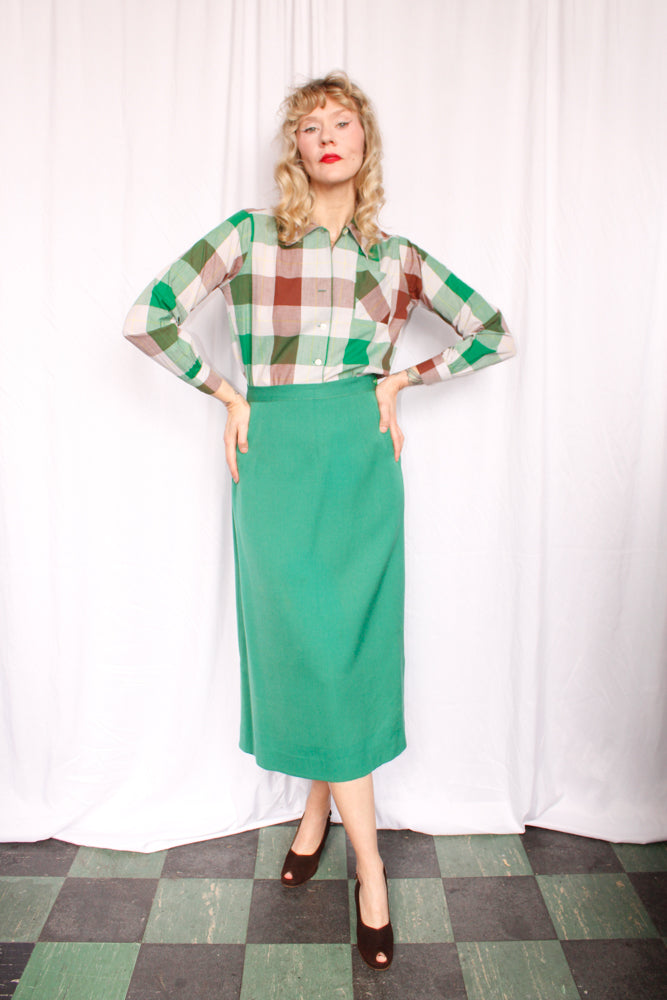 1940s Bright Green Gabardine Skirt - 30" waist