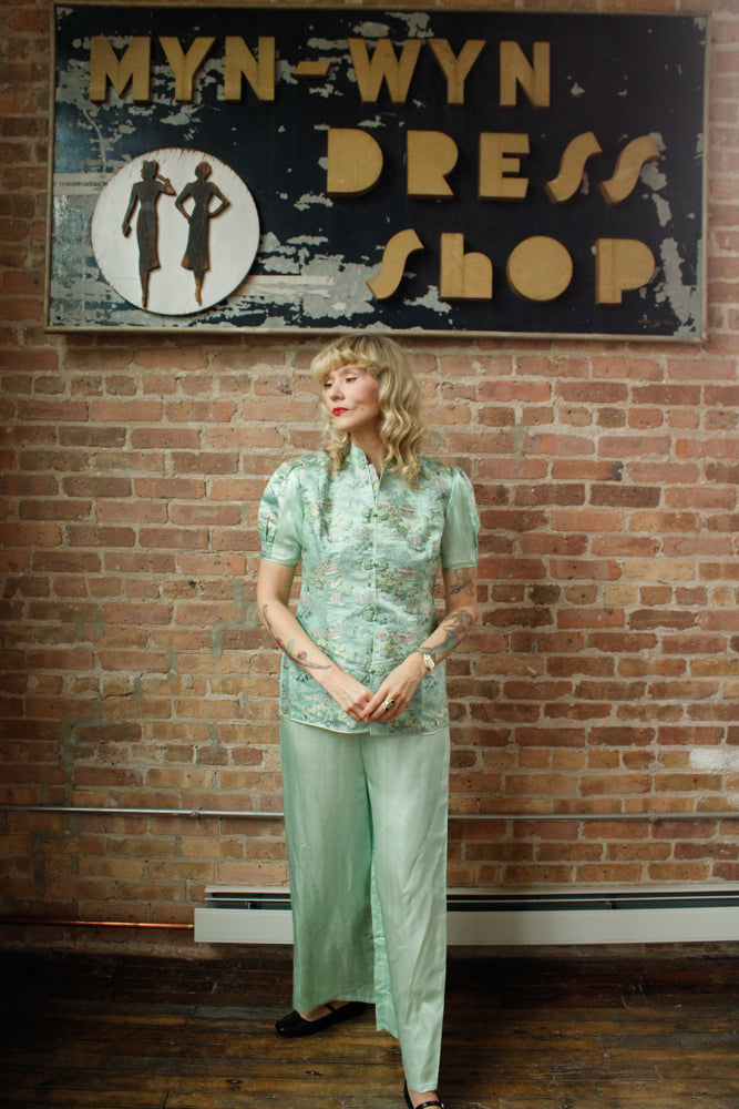 1940s Mint Green Silk Japanese Lounge Pant Suit - Medium