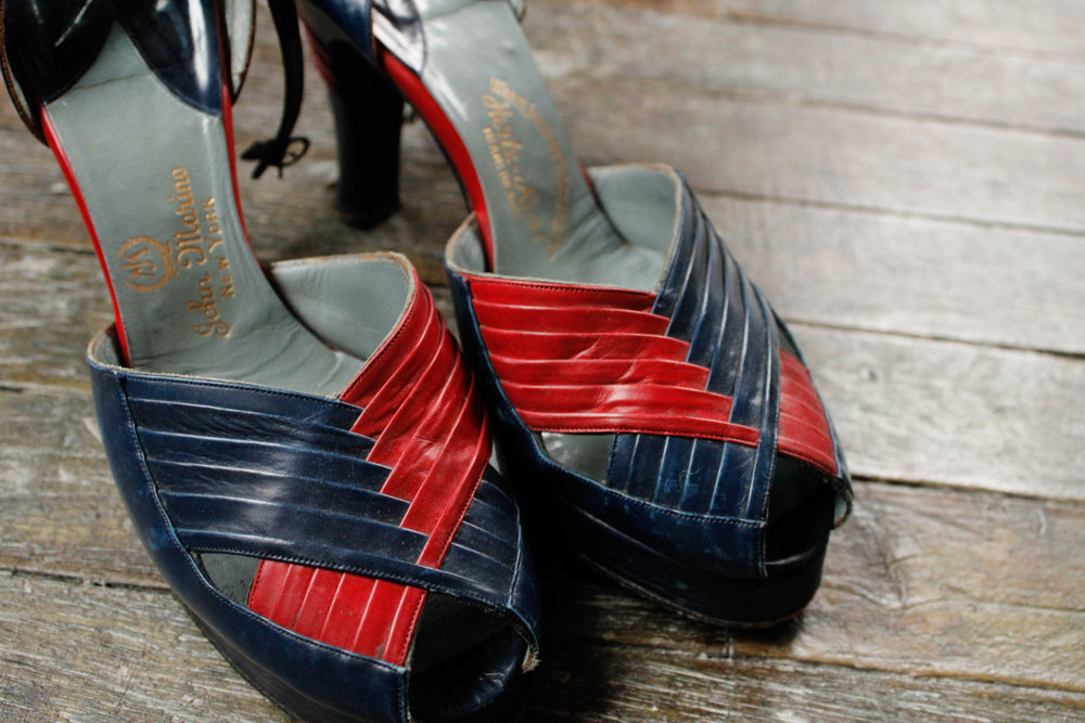 1940s Navy & Red Leather Heels - 7.5-8M