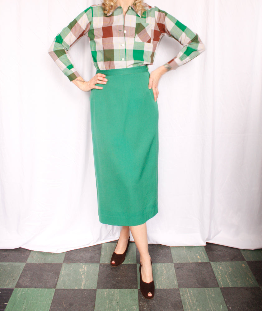 1940s Bright Green Gabardine Skirt - 30" waist