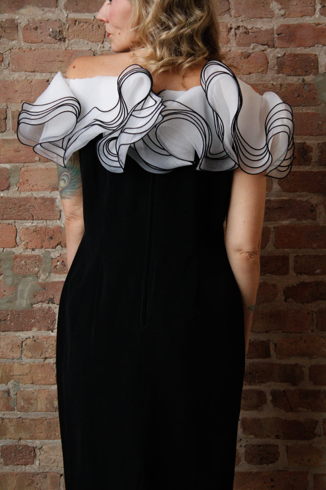 1990s Ruffle Collar Black Cocktail Dress - M/L