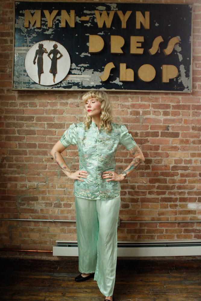 1940s Mint Green Silk Japanese Lounge Pant Suit - Medium