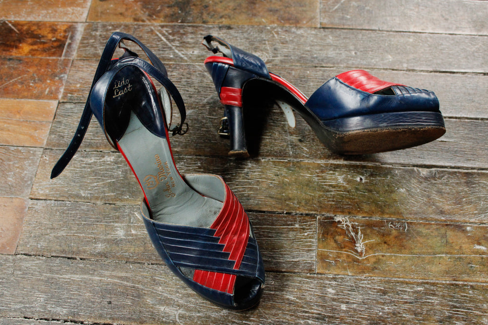 1940s Navy & Red Leather Heels - 7.5-8M