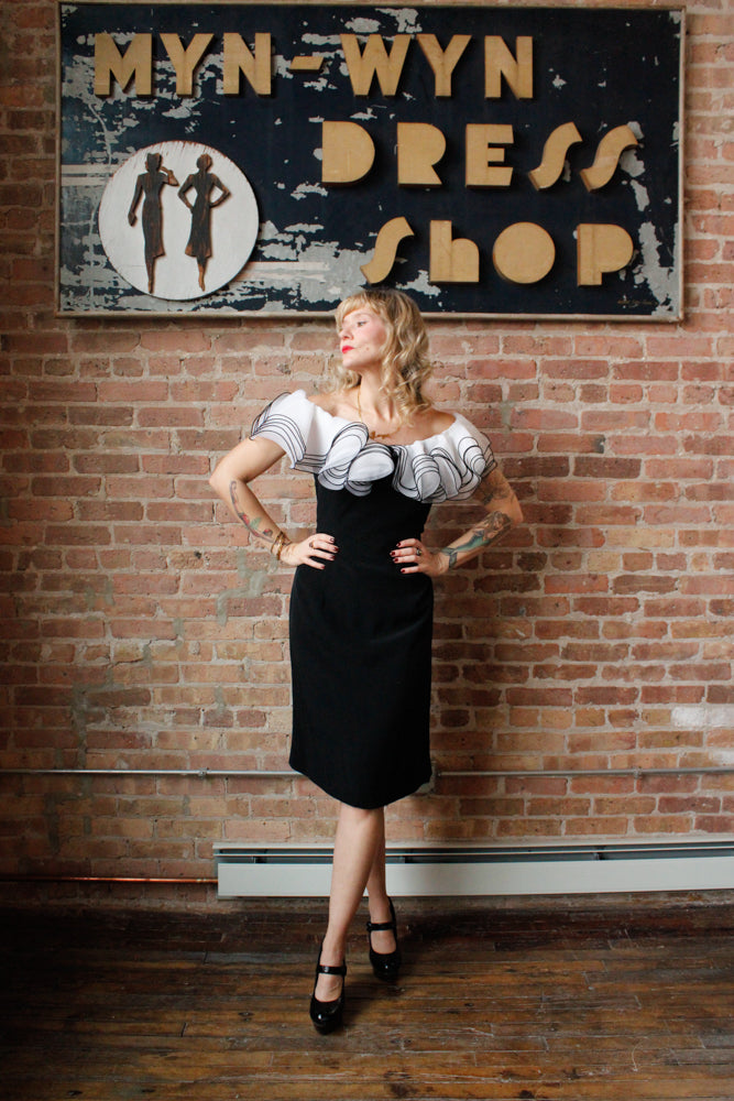 1990s Ruffle Collar Black Cocktail Dress - M/L
