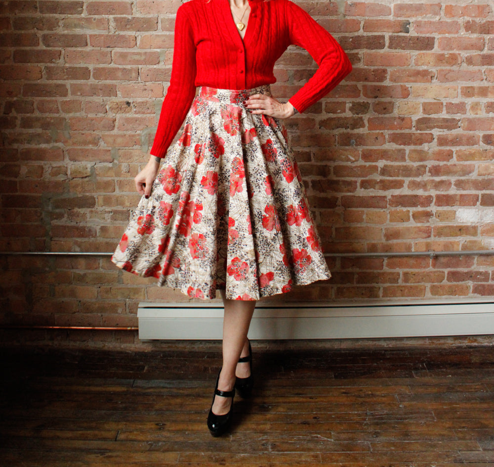 1950s Poppy Print Cotton Skirt - Medium
