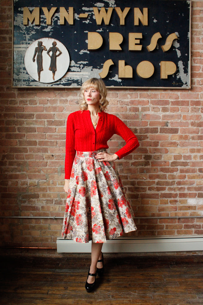 1950s Poppy Print Cotton Skirt - Medium
