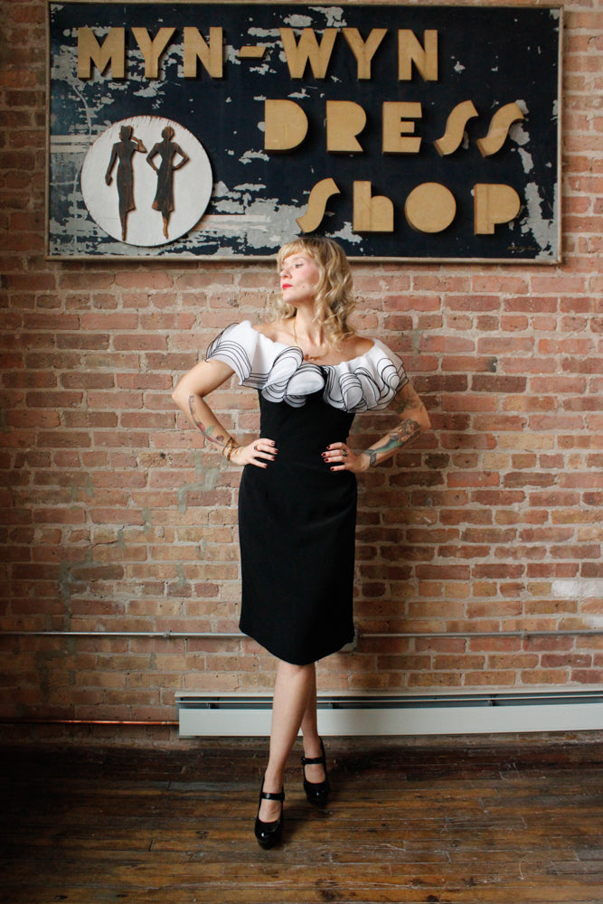 1990s Ruffle Collar Black Cocktail Dress - M/L