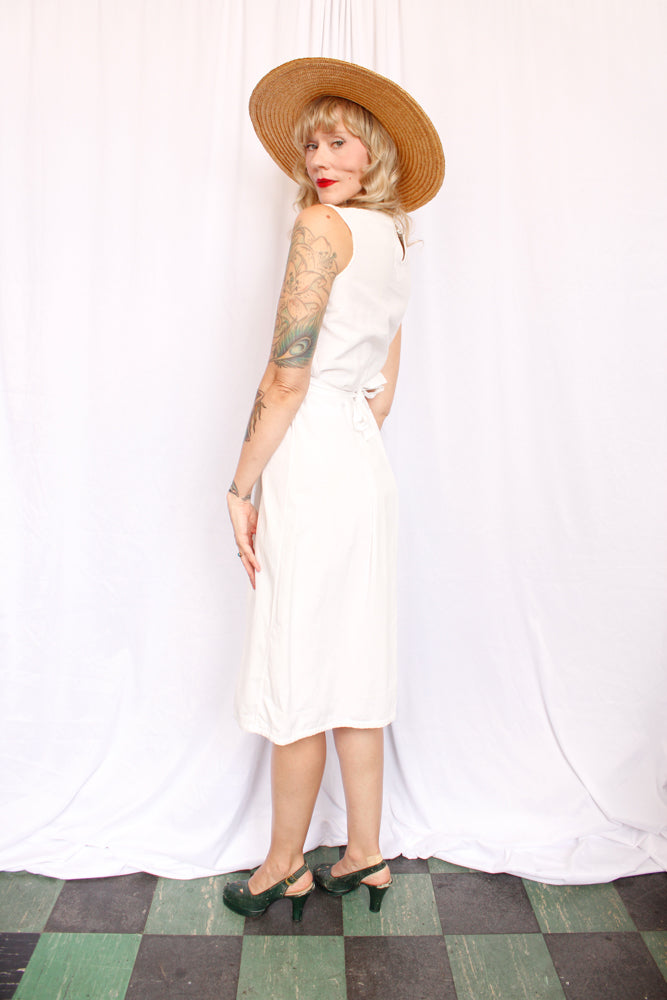 1930s White Deco Beach Dress - Small