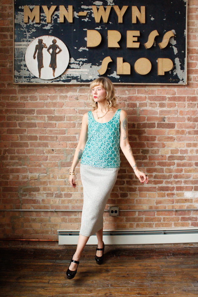 1960s Mermaid Aquamarine Beaded Top - Medium  & 1990s Silver Knit Maxi Skirt - Medium