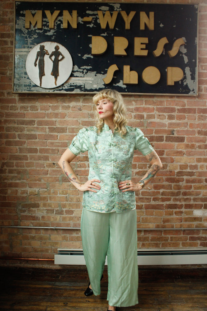 1940s Mint Green Silk Japanese Lounge Pant Suit - Medium