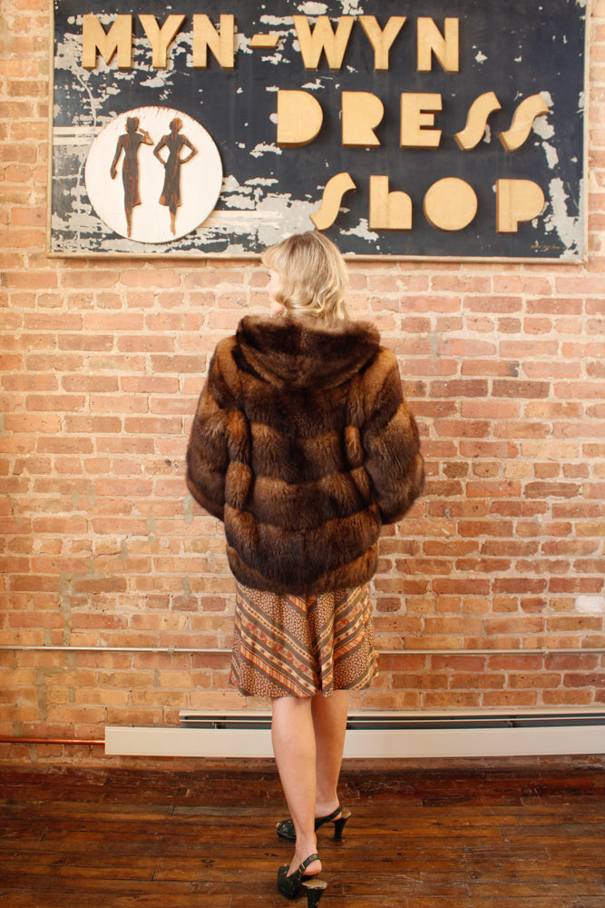1970s Opossum Layered Fur Hooded Bomber Coat - Large