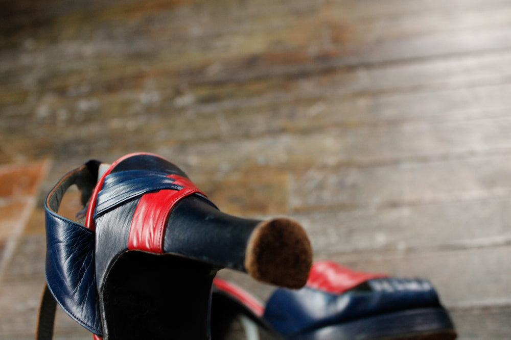 1940s Navy & Red Leather Heels - 7.5-8M