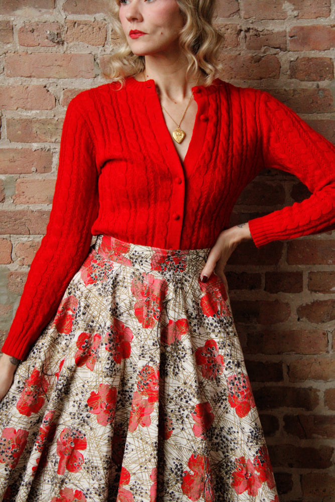 1950s Poppy Print Cotton Skirt - Medium