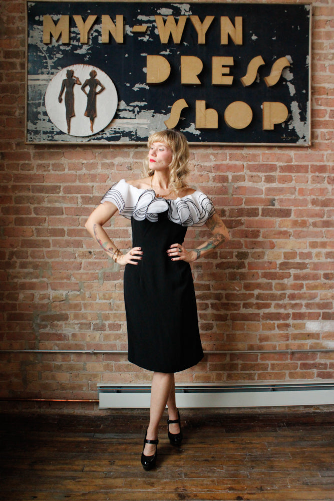 1990s Ruffle Collar Black Cocktail Dress - M/L