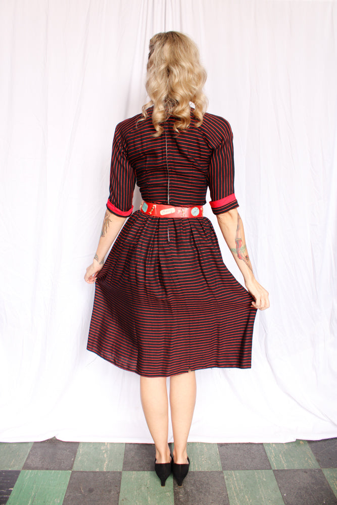 1950s Black & Red Striped Full Skirt Dress - Small