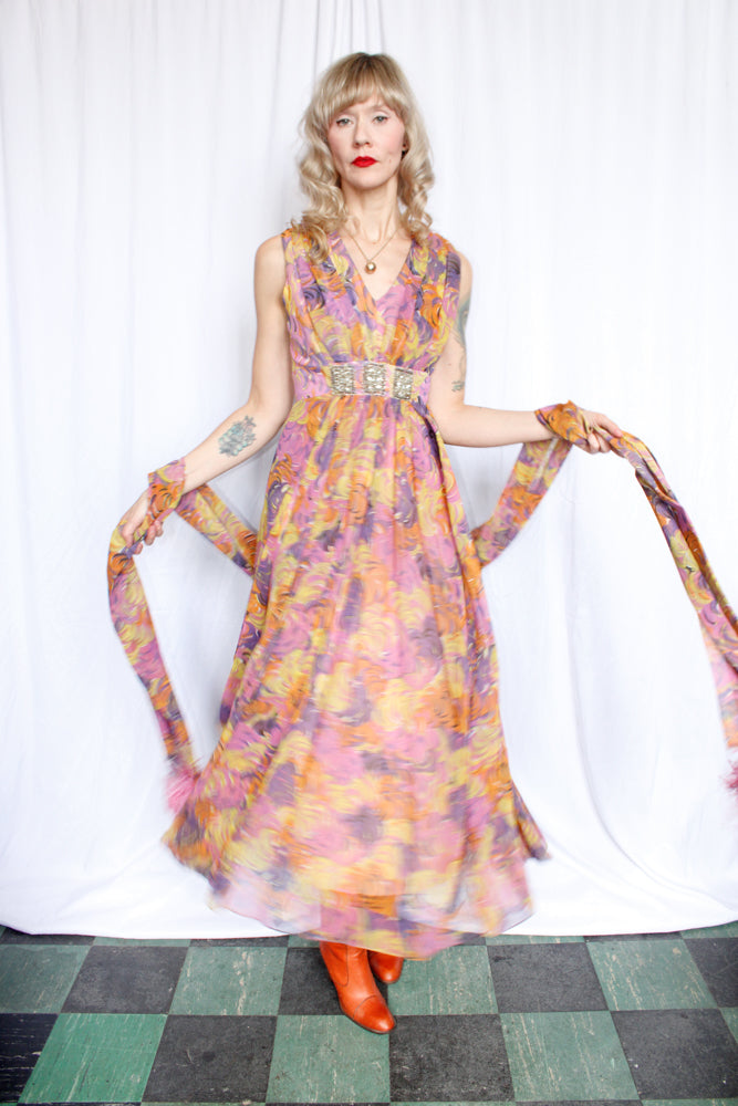 1960s Palm Royale Floral Maxi Dress with Matching Feathered Scarf - Small