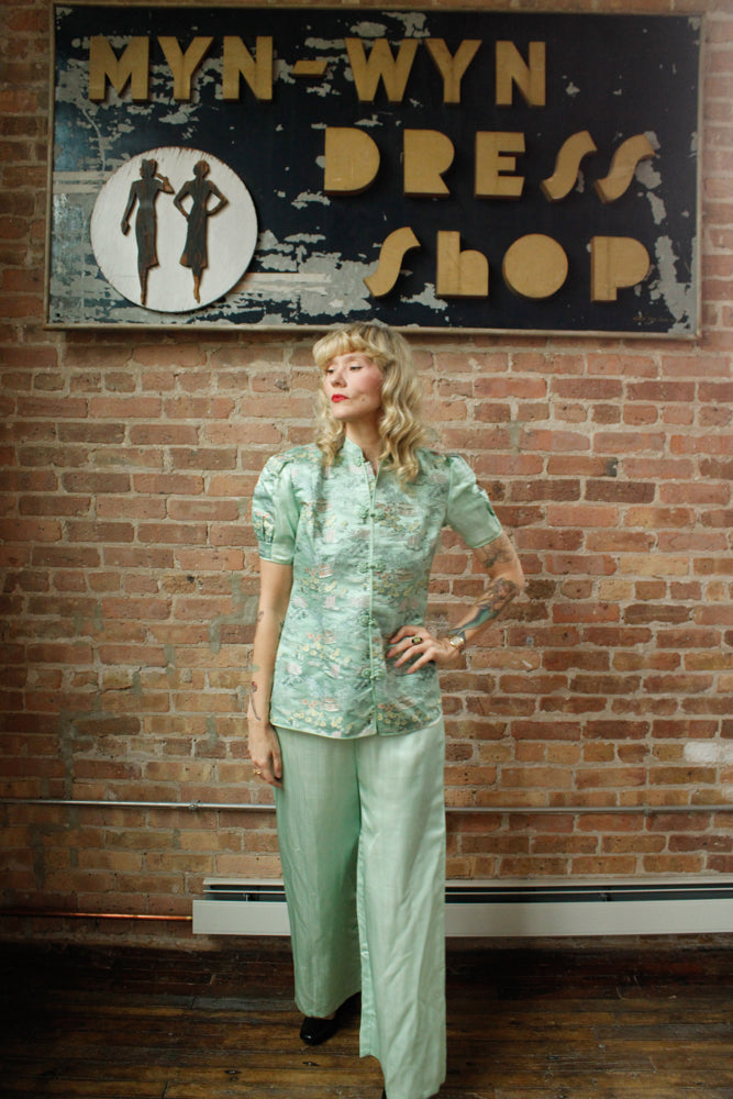 1940s Mint Green Silk Japanese Lounge Pant Suit - Medium