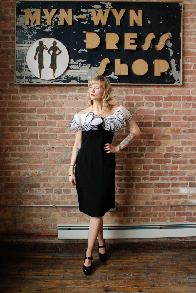 1990s Ruffle Collar Black Cocktail Dress - M/L