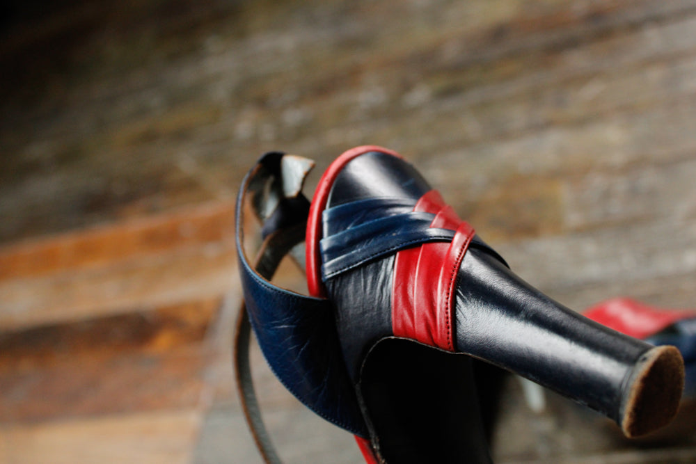 1940s Navy & Red Leather Heels - 7.5-8M