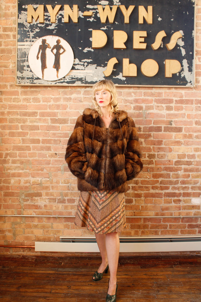 1970s Opossum Layered Fur Hooded Bomber Coat - Large