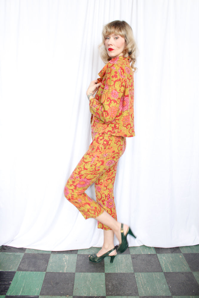 1960s 3pc Bright Floral Twill Pant Set - S/M