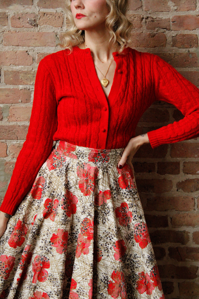 1950s Poppy Print Cotton Skirt - Medium