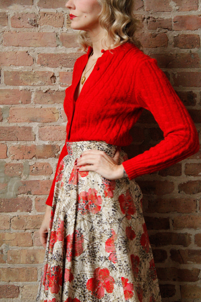 1950s Poppy Print Cotton Skirt - Medium