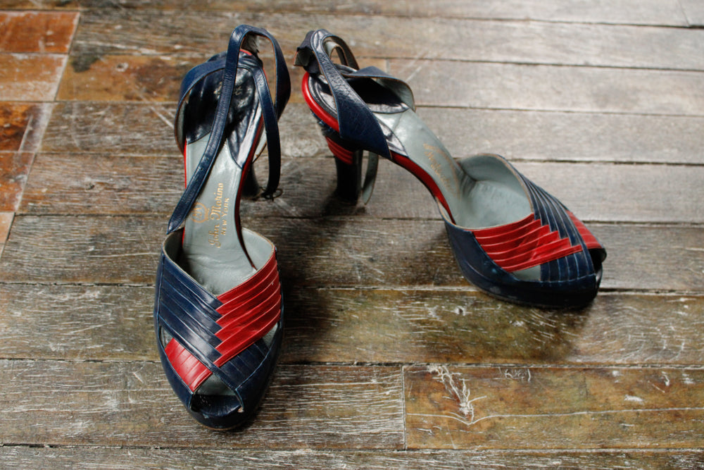 1940s Navy & Red Leather Heels - 7.5-8M