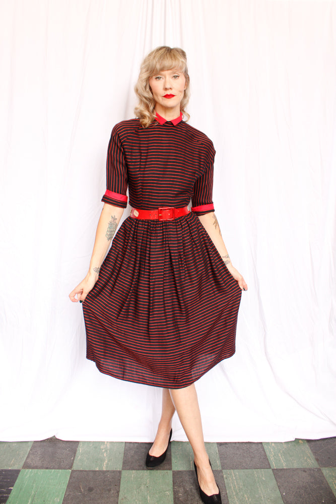 1950s Black & Red Striped Full Skirt Dress - Small
