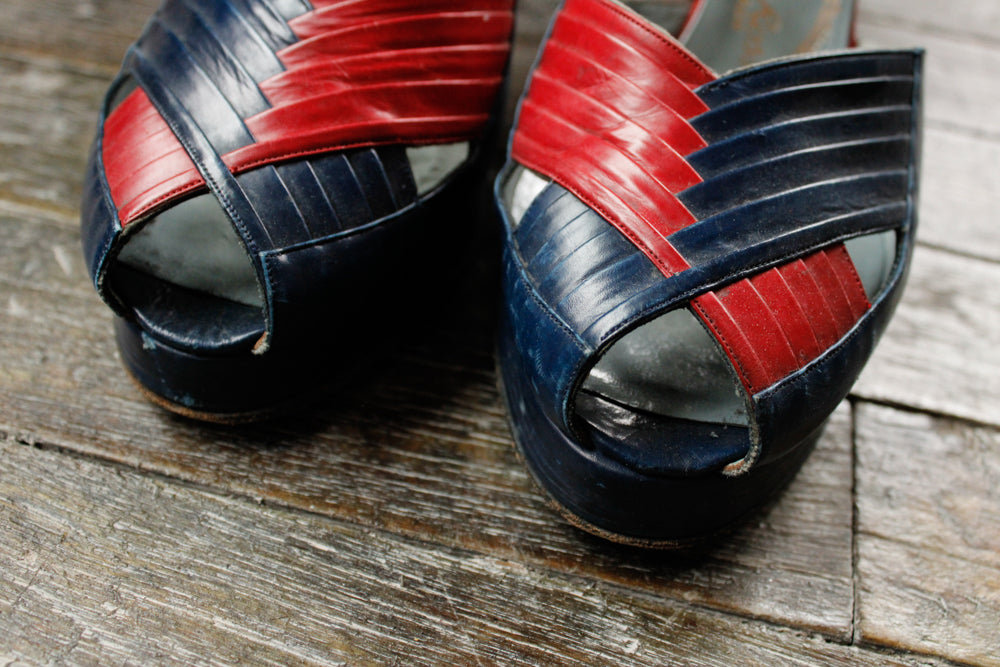 1940s Navy & Red Leather Heels - 7.5-8M