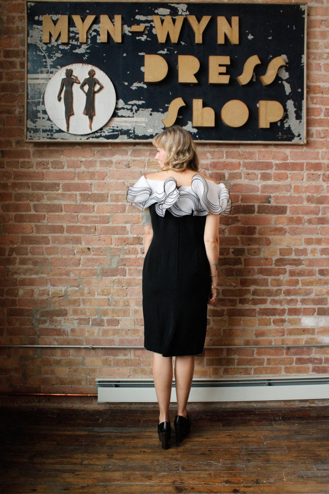 1990s Ruffle Collar Black Cocktail Dress - M/L
