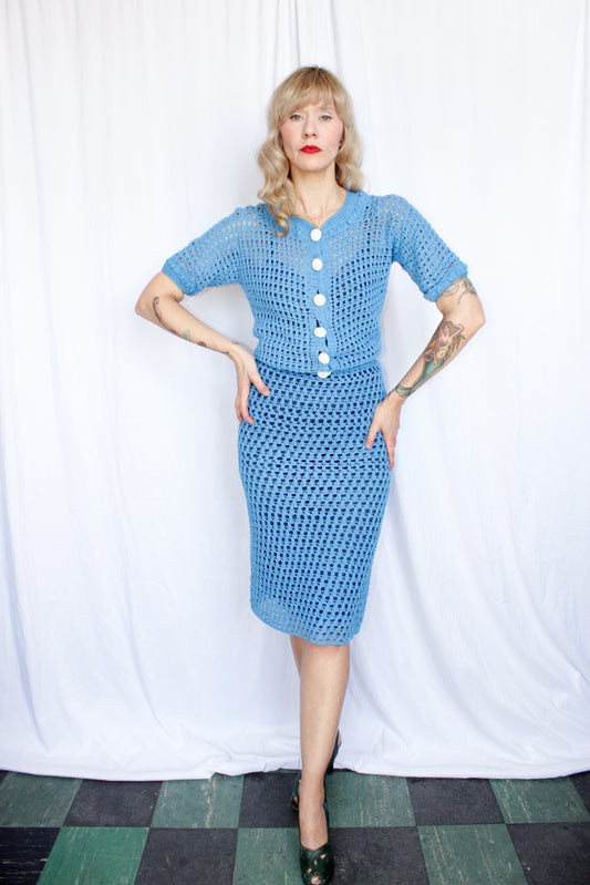 1930s Crochet Blue Sweater and Skirt Set - Xsmall