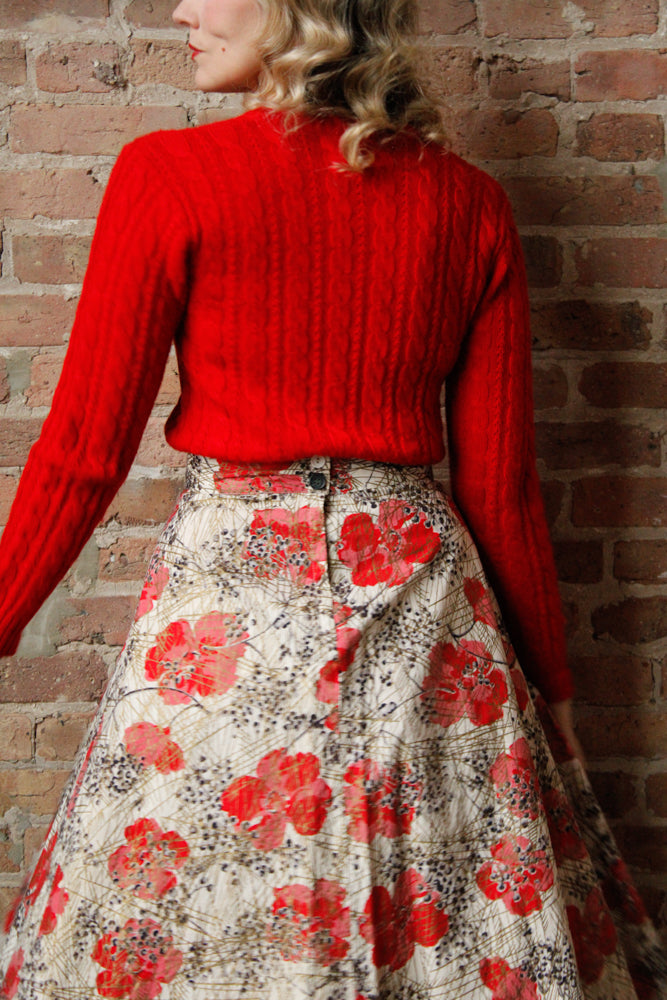 1950s Poppy Print Cotton Skirt - Medium