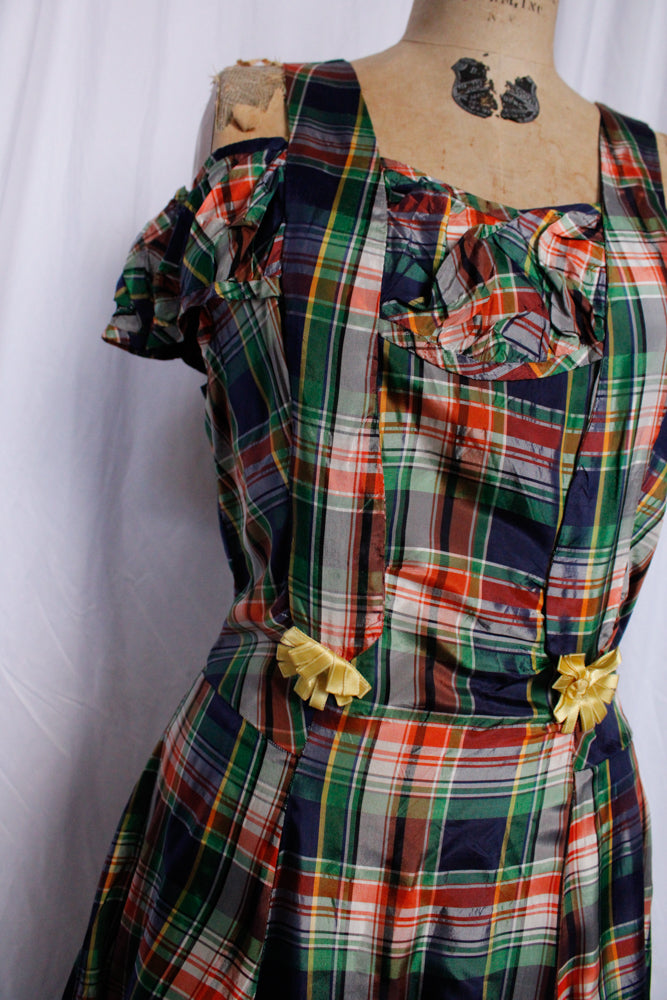 1940s Plaid Silk Taffeta Gown - Small