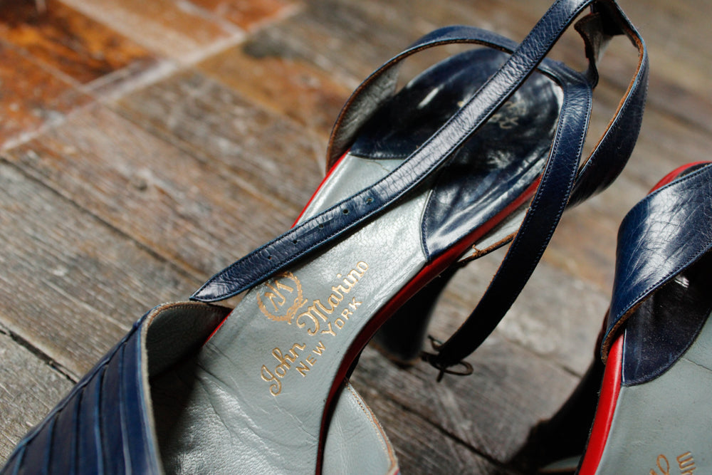 1940s Navy & Red Leather Heels - 7.5-8M