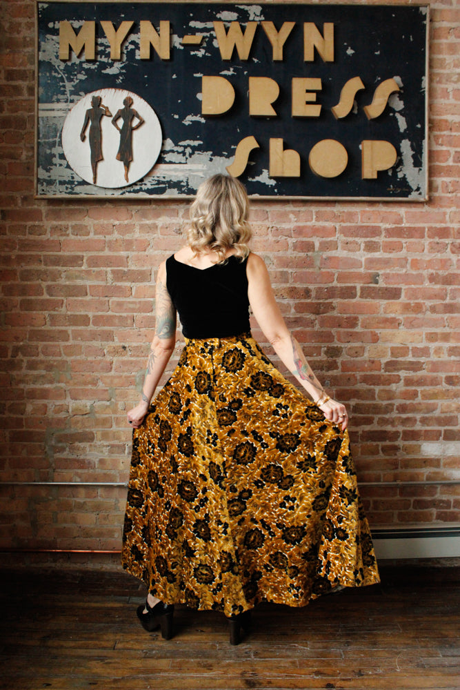 1960s Gold & Black Floral Tapestry Maxi Skirt - 27" waist