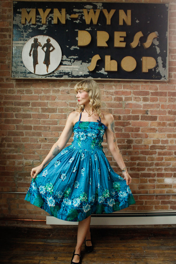 1950s Hawaiian Floral blue Cotton Dress - S/M