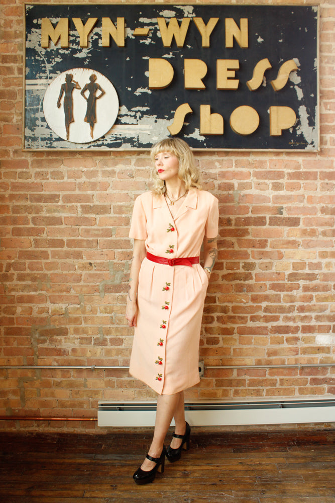 1940s Cherry Blossom Pink Rayon Dress - Medium