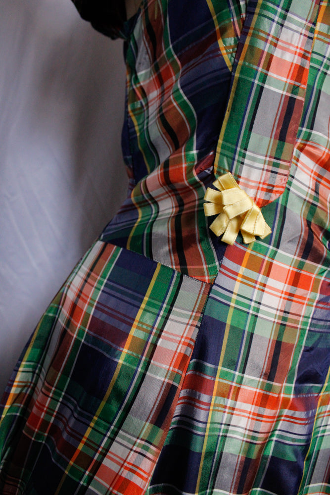 1940s Plaid Silk Taffeta Gown - Small