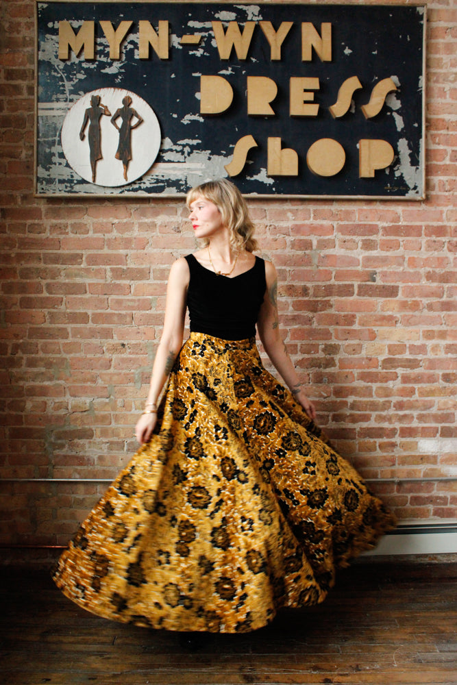 1960s Gold & Black Floral Tapestry Maxi Skirt - 27" waist