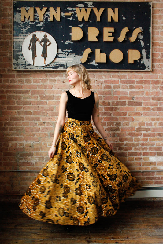 1960s Gold & Black Floral Tapestry Maxi Skirt - 27" waist