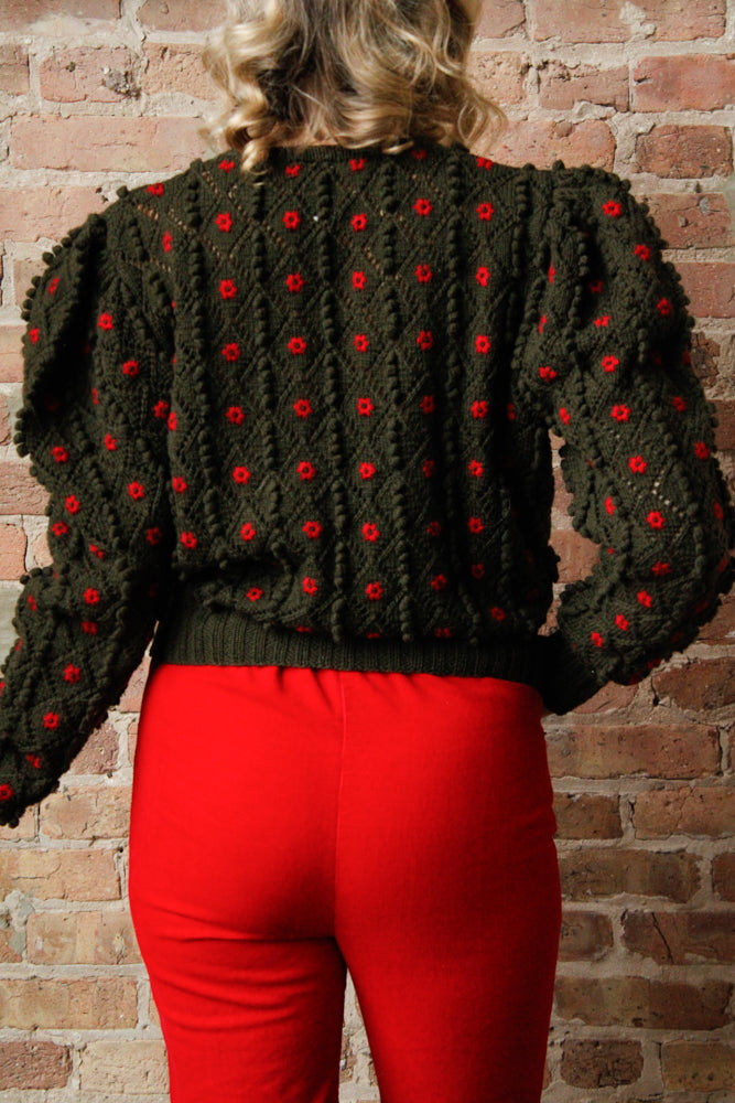 1980s Austrian Knit Green & Red Puff Sleeve Sweater - M/L 1960s Carliss Red Corduroy Pedal Pushers - S/M