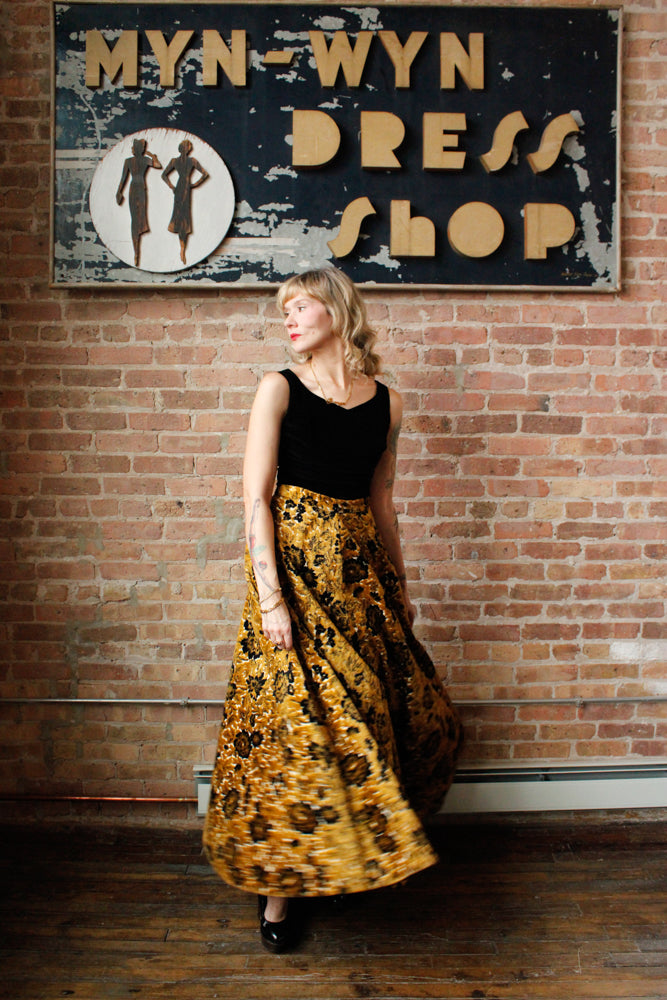 1960s Gold & Black Floral Tapestry Maxi Skirt - 27" waist