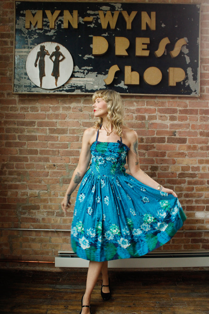 1950s Hawaiian Floral blue Cotton Dress - S/M